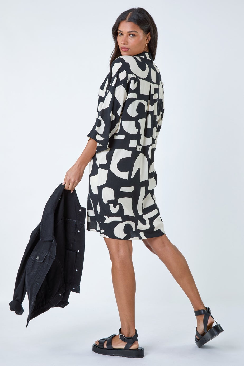 Roman Black Abstract Pocket Detail Cocoon Shirt Dress