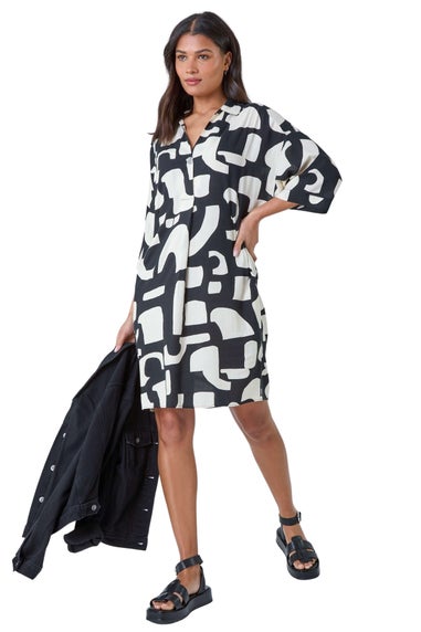 Roman Black Abstract Pocket Detail Cocoon Shirt Dress