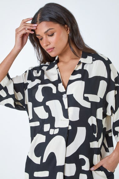 Roman Black Abstract Pocket Detail Cocoon Shirt Dress