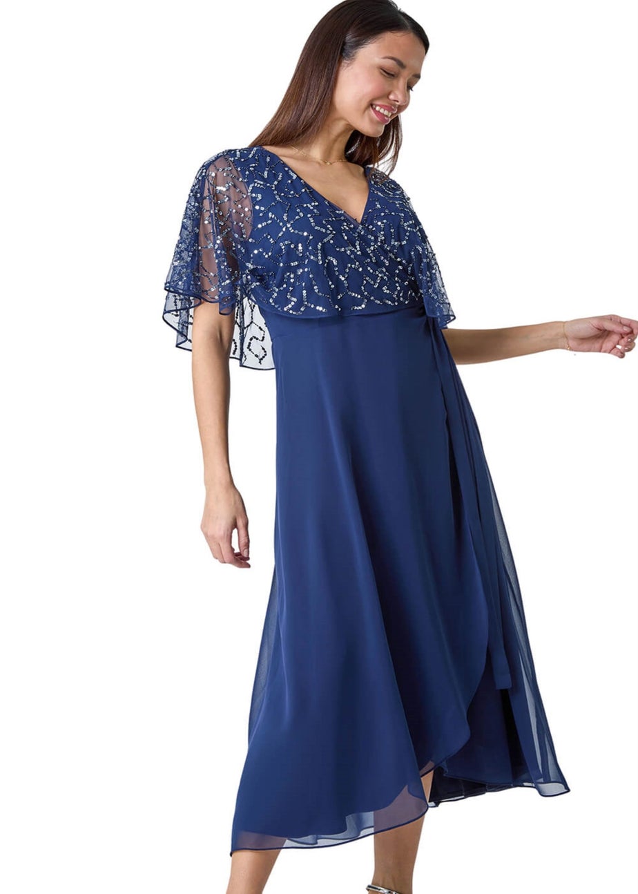Roman Navy Sequin Embellished Chiffon Wrap Maxi Dress