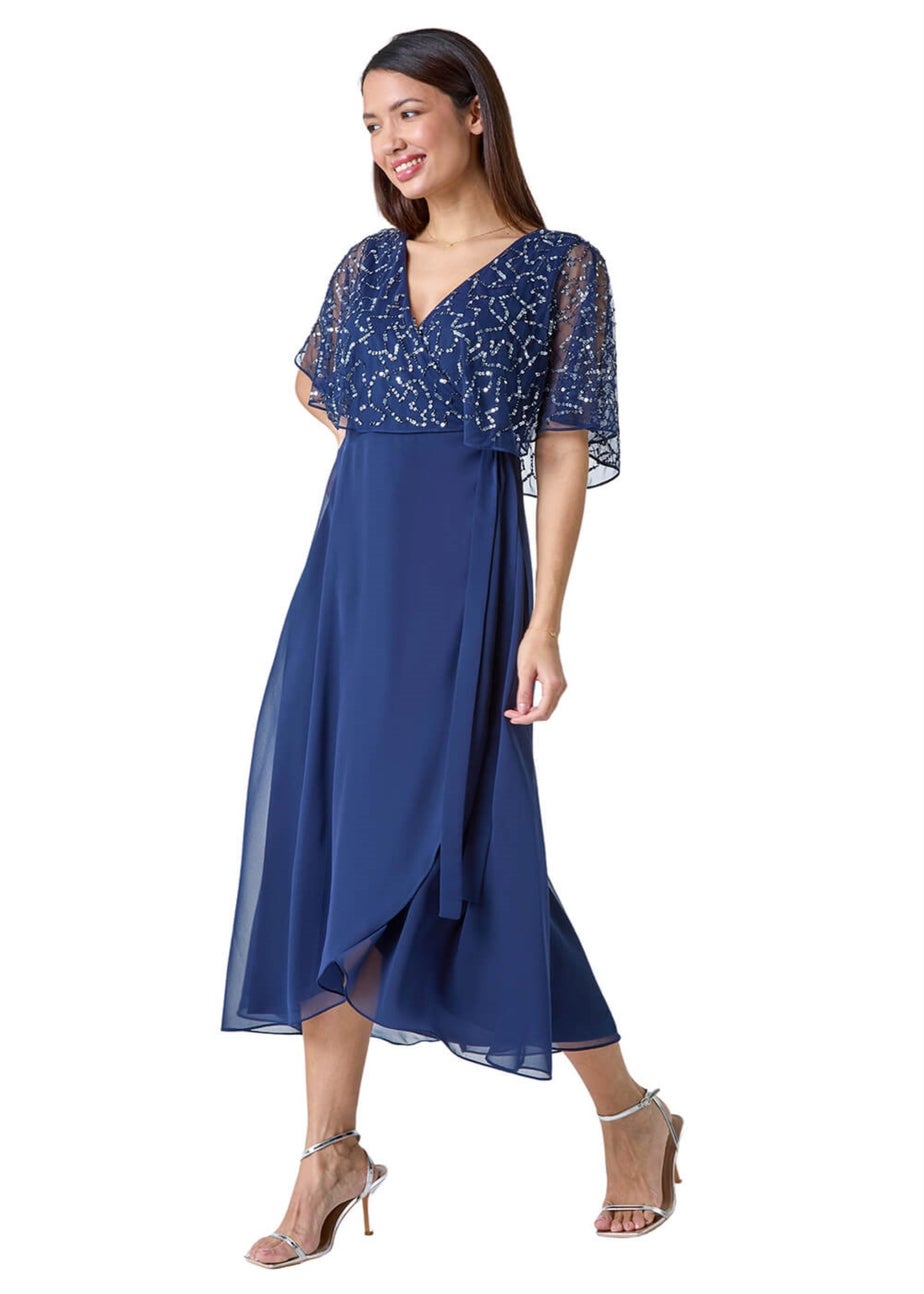 Roman Navy Sequin Embellished Chiffon Wrap Maxi Dress
