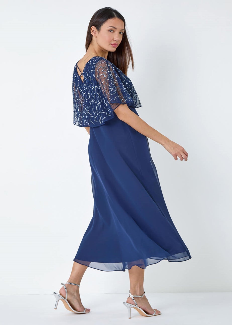 Roman Navy Sequin Embellished Chiffon Wrap Maxi Dress