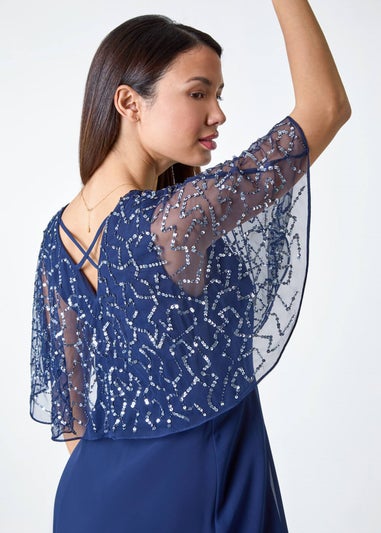 Roman Navy Sequin Embellished Chiffon Wrap Maxi Dress