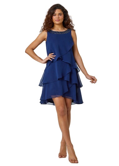 Roman Navy Bead Embellished Tiered Chiffon Dress