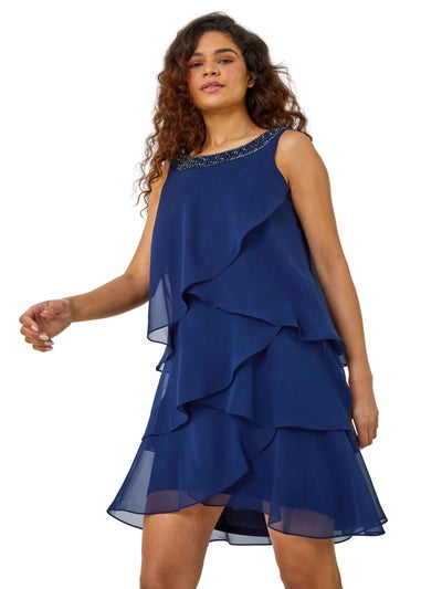 Roman Navy Bead Embellished Tiered Chiffon Dress