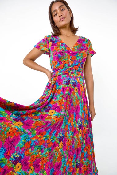 Roman Fuchsia Floral Ruched Waist Maxi Dress