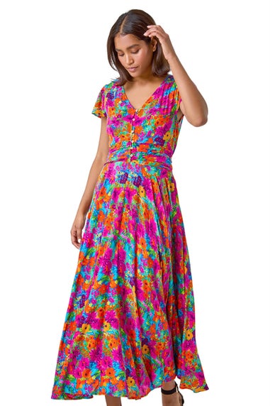 Roman Fuchsia Floral Ruched Waist Maxi Dress