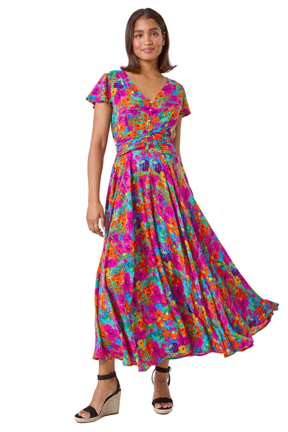 Roman Fuchsia Floral Ruched Waist Maxi Dress