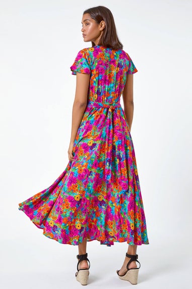 Roman Fuchsia Floral Ruched Waist Maxi Dress