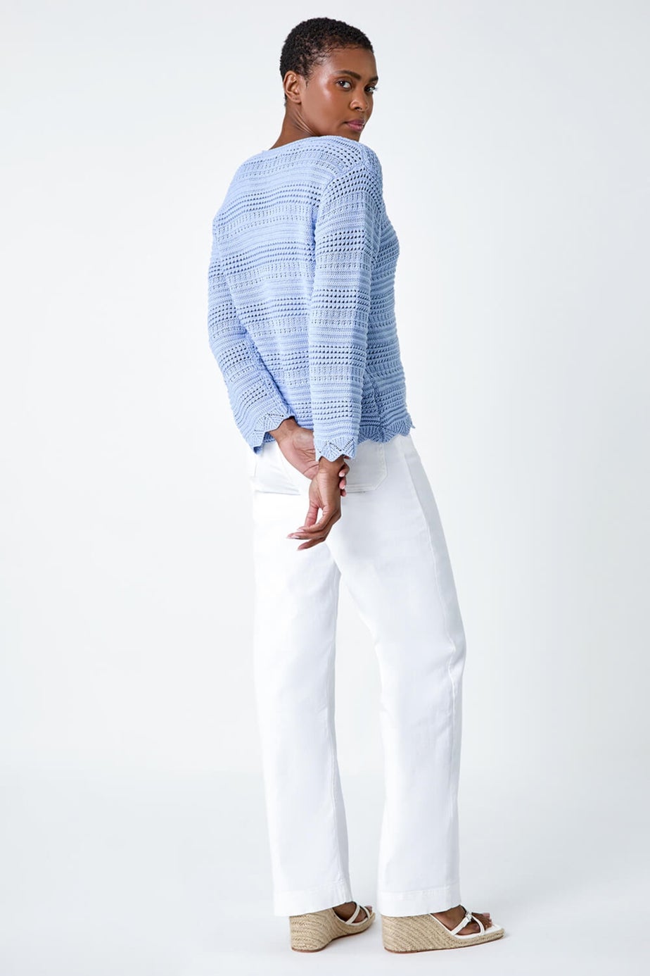 Roman Light Blue Scallop Edge Knit Cotton Blend V-Neck Cardigan