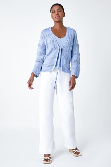 Roman Light Blue Scallop Edge Knit Cotton Blend V-Neck Cardigan