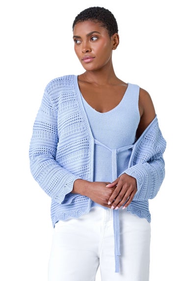 Roman Light Blue Scallop Edge Knit Cotton Blend V-Neck Cardigan