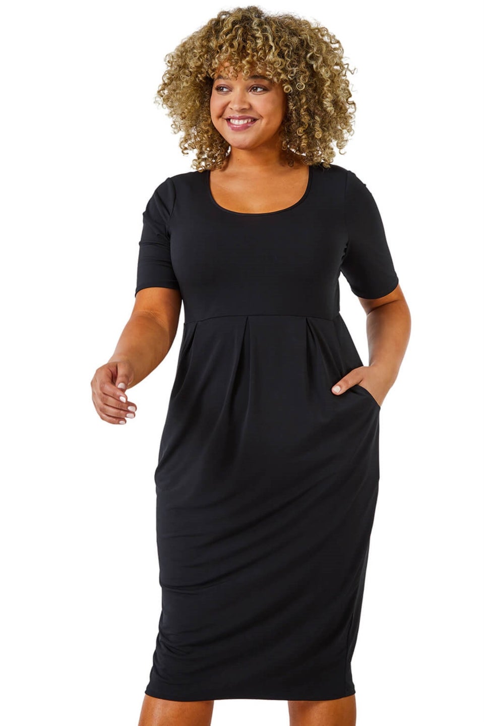 Roman Black Curve Cocoon Pocket Stretch Midi Dress