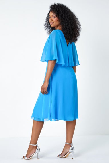 Roman Petite Blue Sequin Trim Chiffon Cape Dress