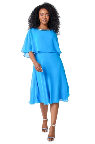 Roman Petite Blue Sequin Trim Chiffon Cape Dress