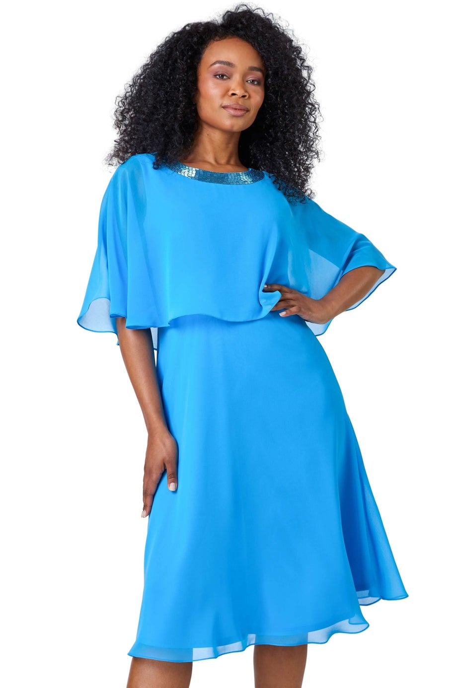 Roman Petite Blue Sequin Trim Chiffon Cape Dress