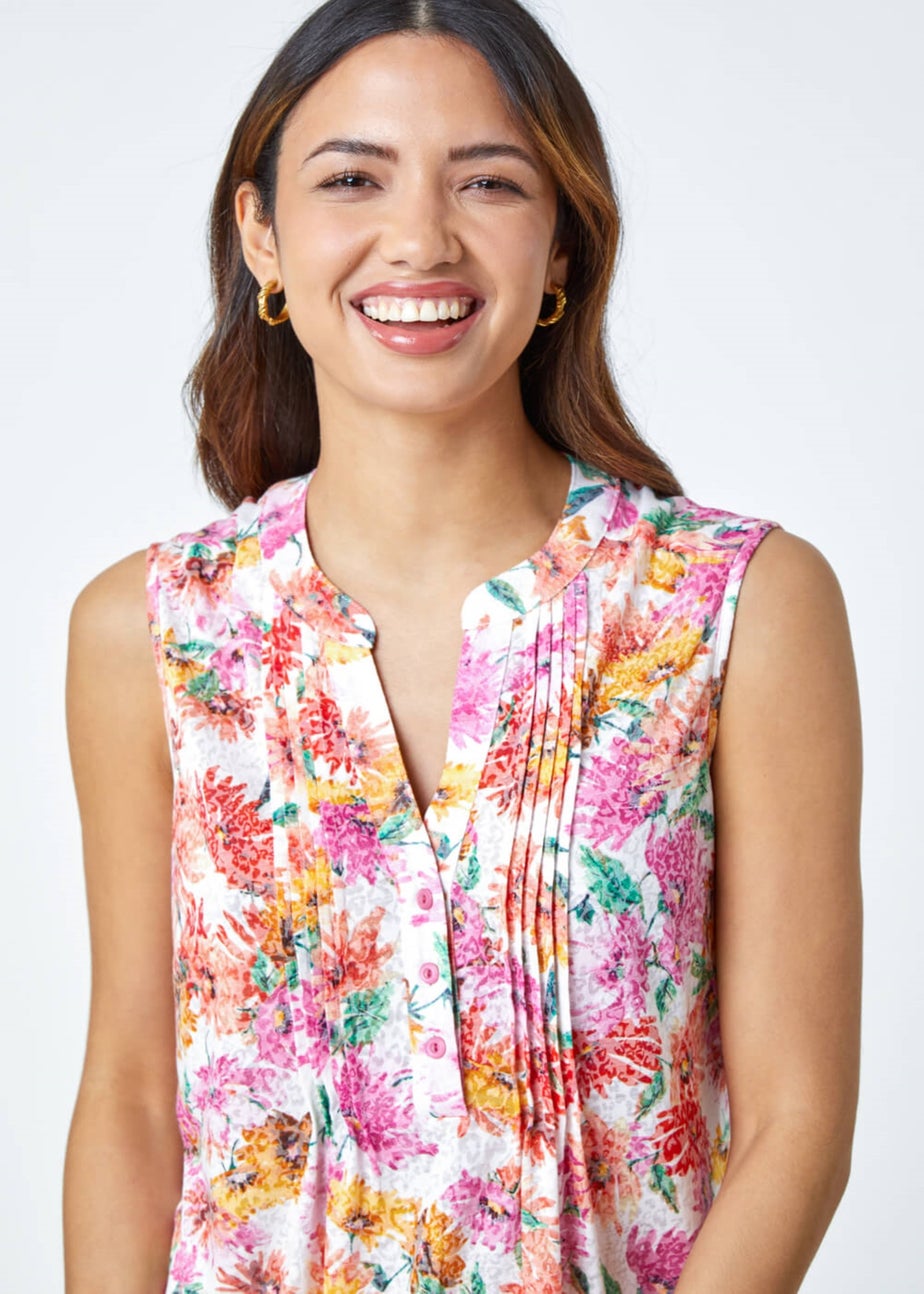 Roman Pink Sleeveless V-Neck Floral Print Vest