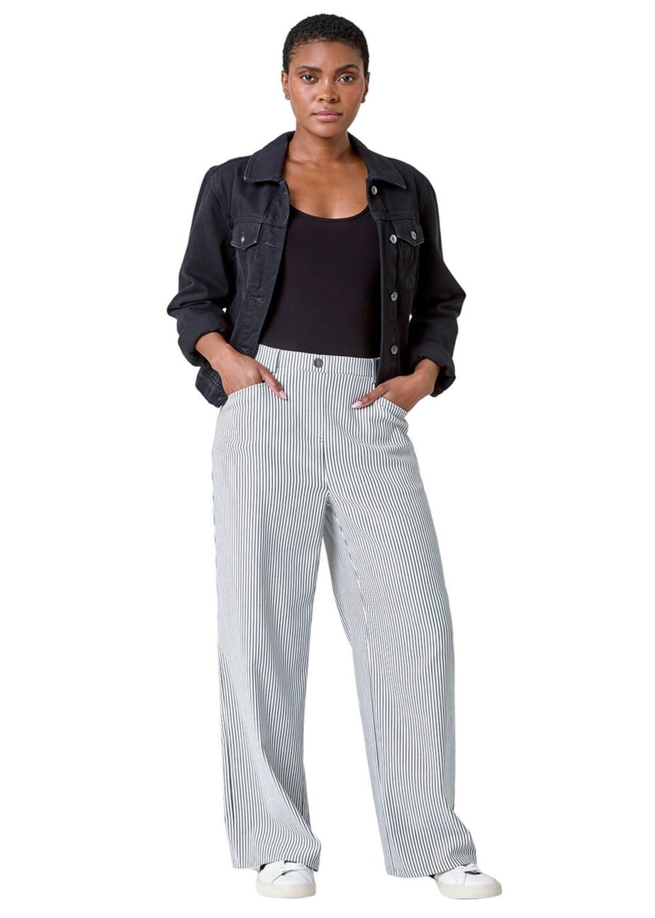 Roman Black Stripe Wide Leg Stretch Trousers