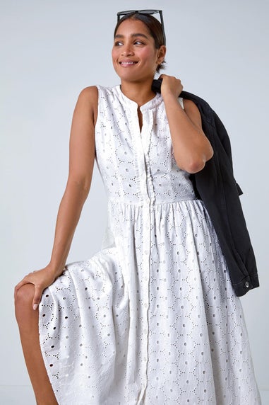 Roman White Floral Cotton Broderie Midi Dress