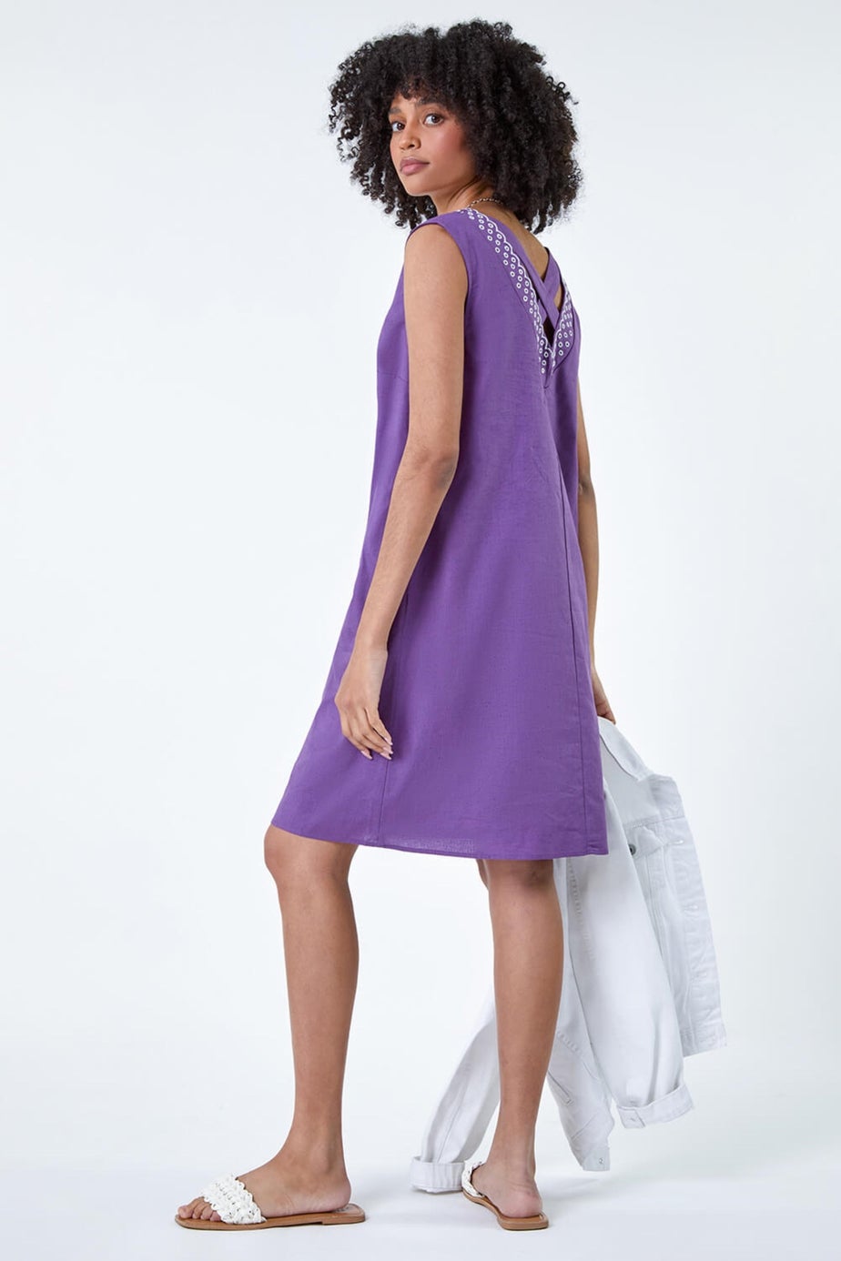 Roman Purple Cotton Blend Embroidered Pocket Shift Dress