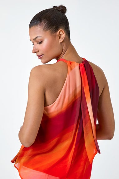 Roman Orange Halterneck Ombre Print Asymmetric Chiffon Top