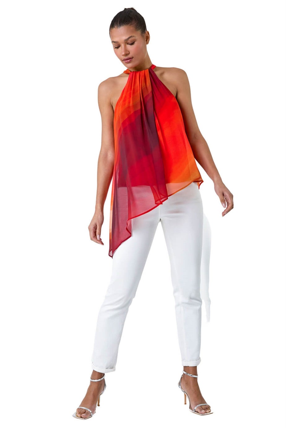 Roman Orange Halterneck Ombre Print Asymmetric Chiffon Top