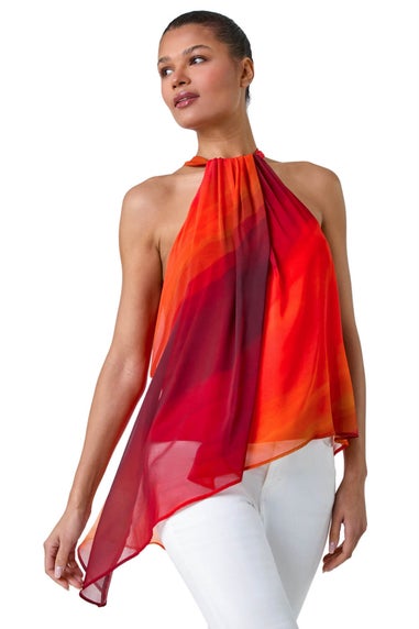 Roman Orange Halterneck Ombre Print Asymmetric Chiffon Top