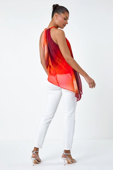 Roman Orange Halterneck Ombre Print Asymmetric Chiffon Top