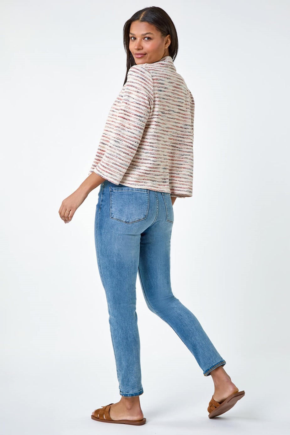 Roman Rust Stripe Textured 3/4 Sleeve Cotton Blend Jacket