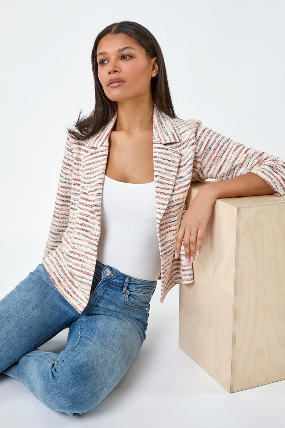 Roman Rust Stripe Textured 3/4 Sleeve Cotton Blend Jacket