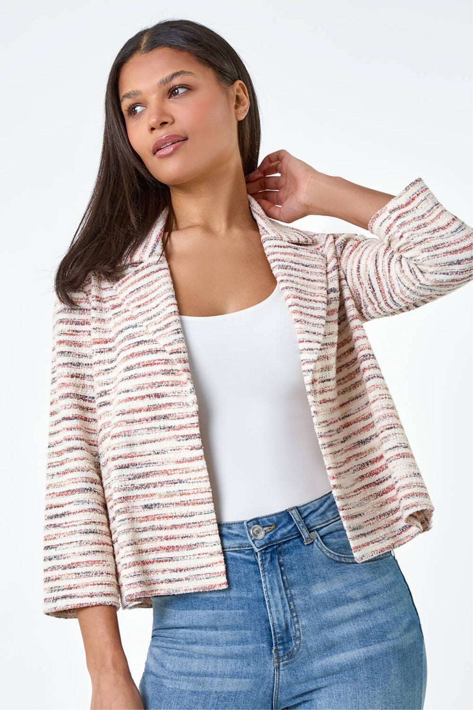 Roman Rust Stripe Textured 3/4 Sleeve Cotton Blend Jacket