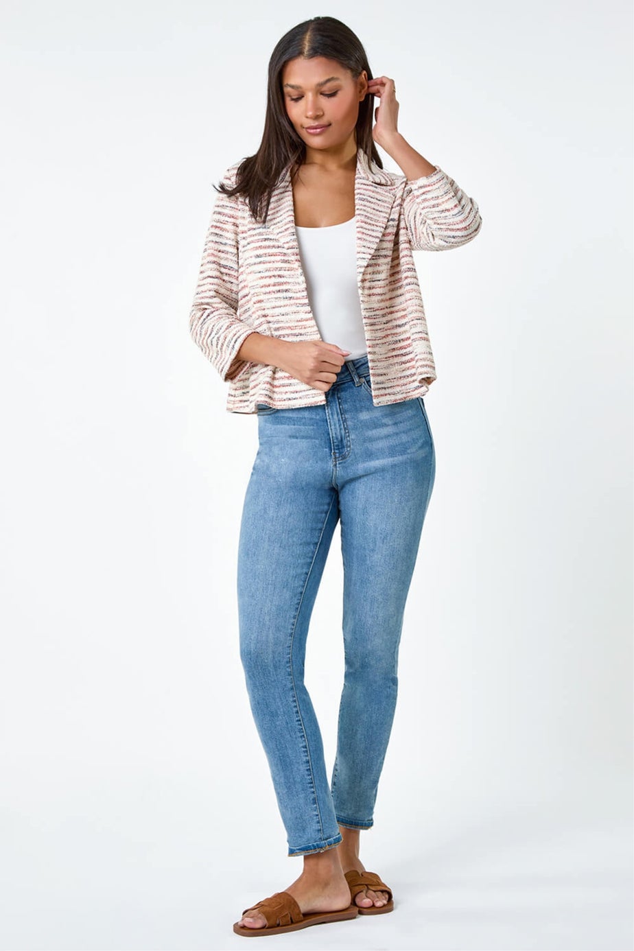 Roman Rust Stripe Textured 3/4 Sleeve Cotton Blend Jacket