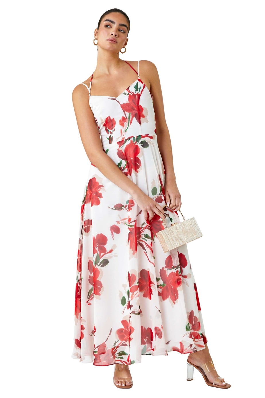 Ariella Red Luxe Floral Fit & Flare Maxi Dress