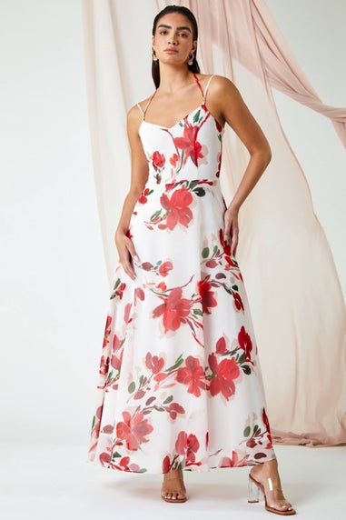 Ariella Red Luxe Floral Fit & Flare Maxi Dress