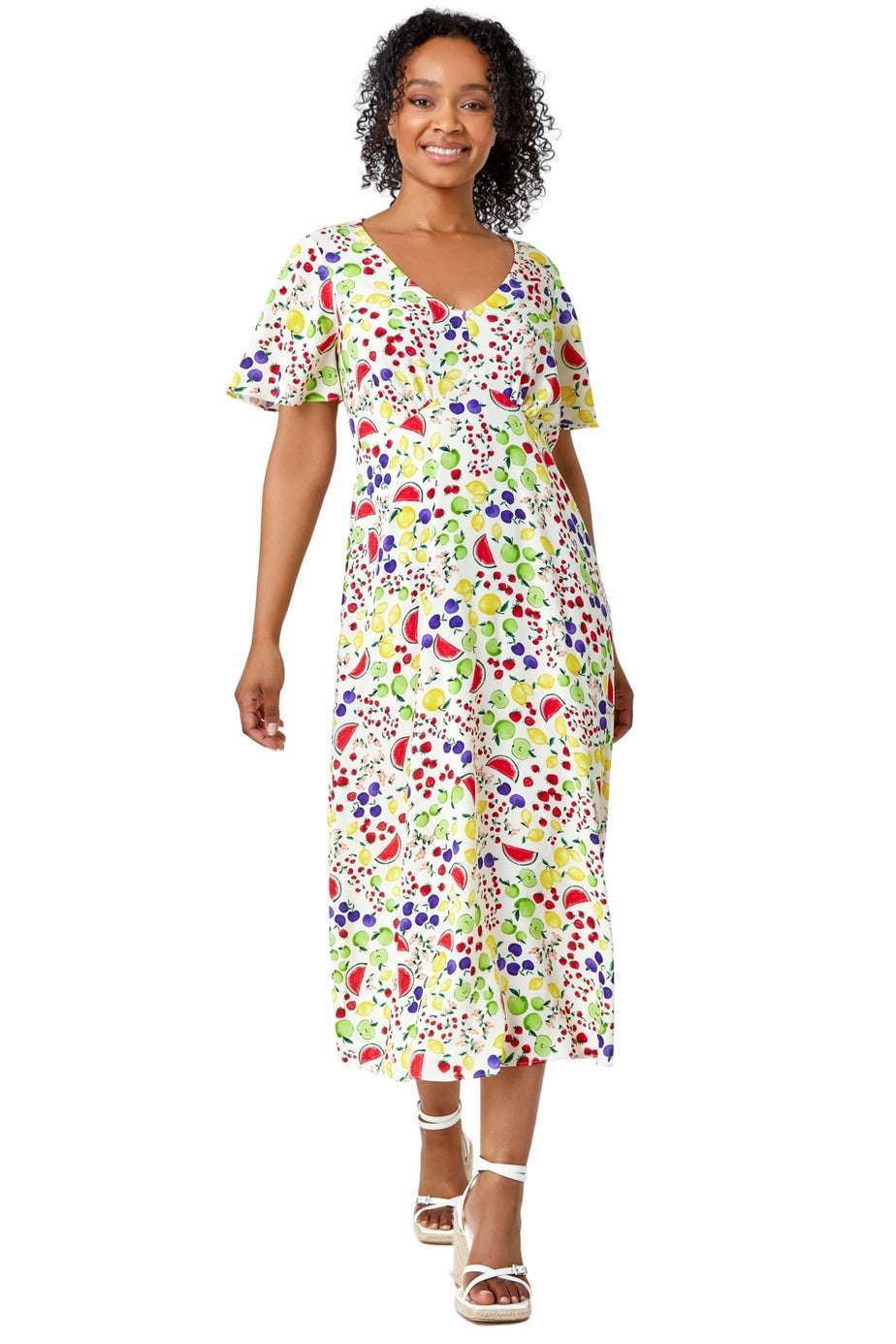 Roman Petite Ivory Petite Fruit Print Midi Tea Dress
