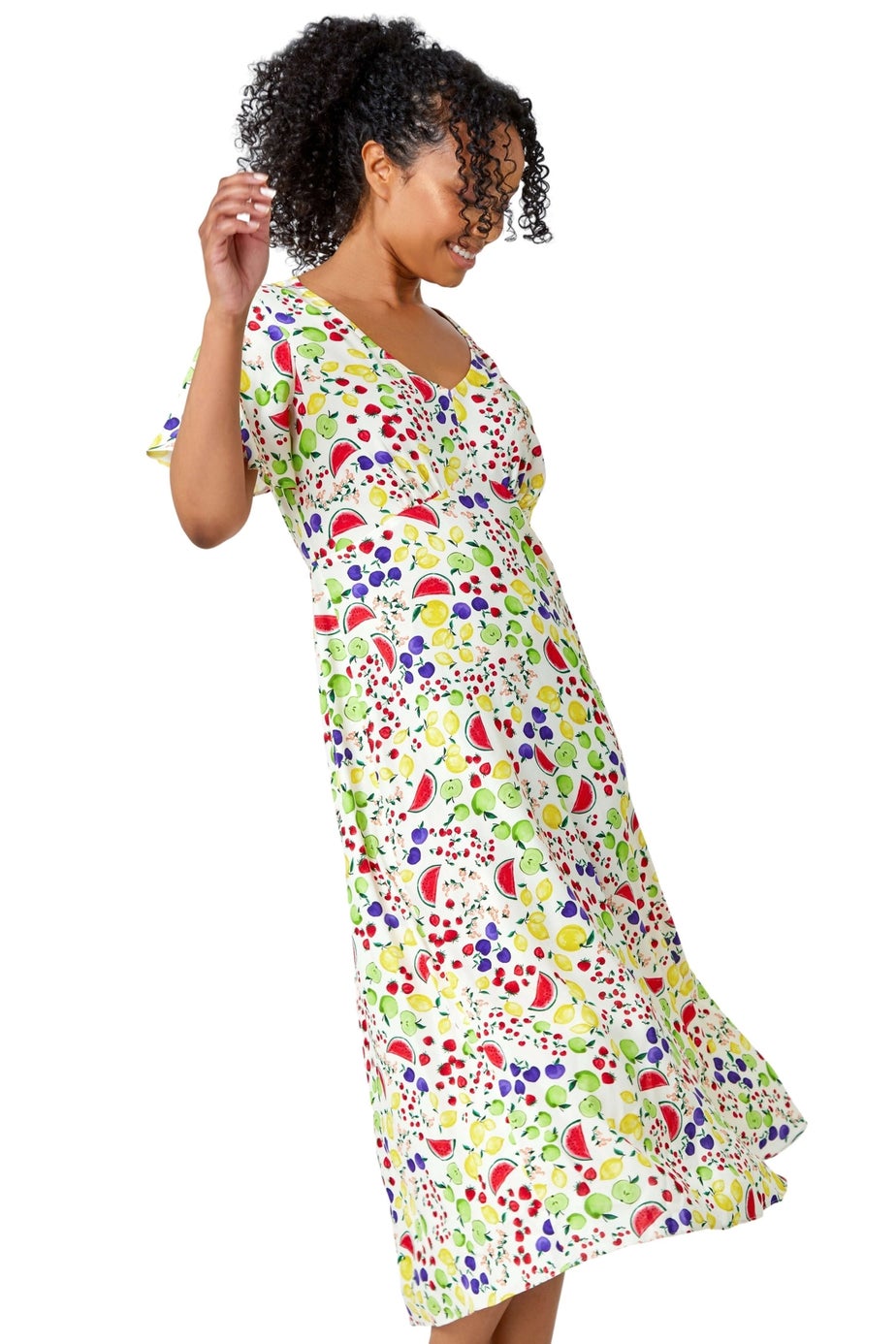 Roman Petite Ivory Petite Fruit Print Midi Tea Dress