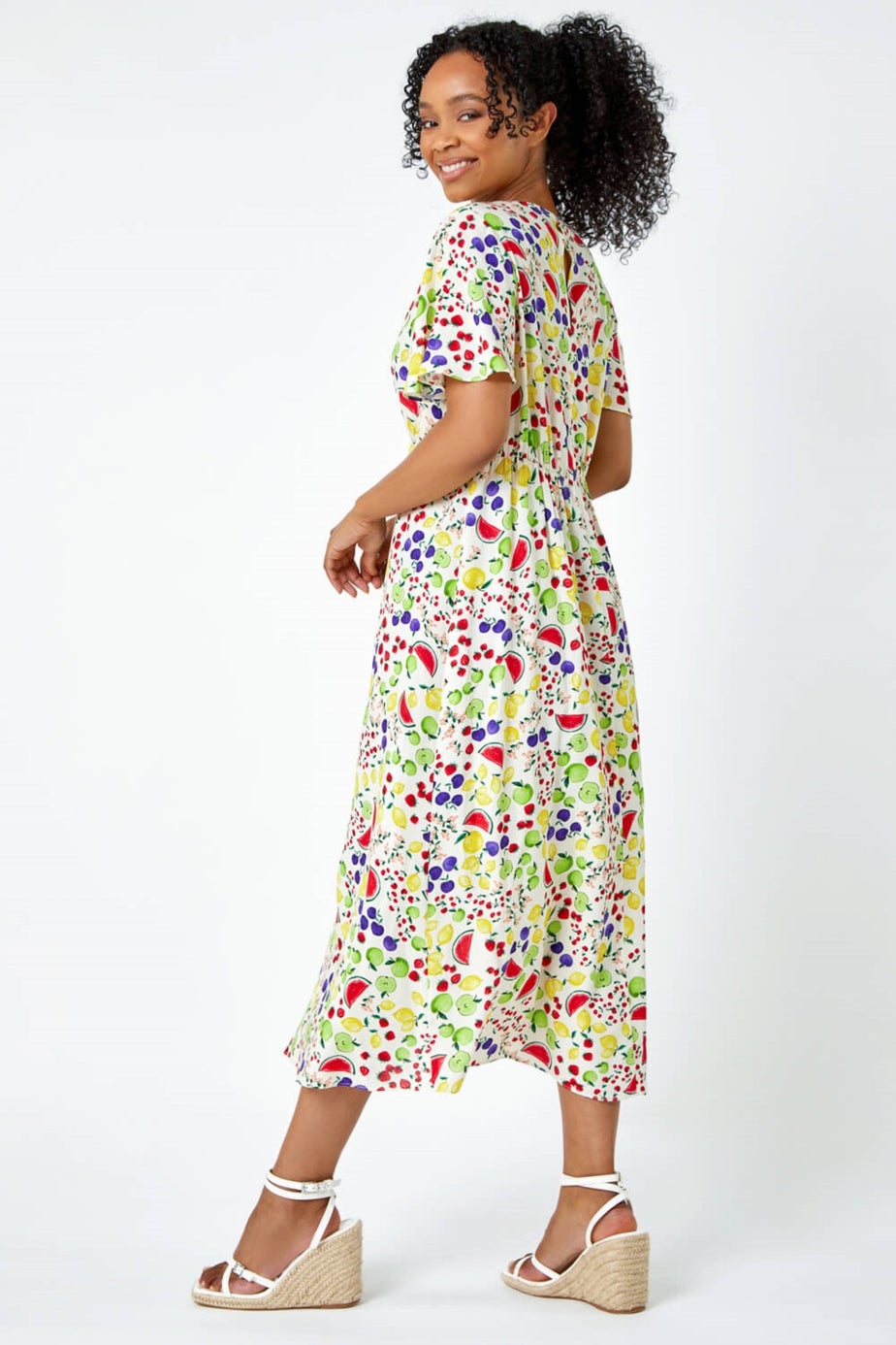 Roman Petite Ivory Petite Fruit Print Midi Tea Dress