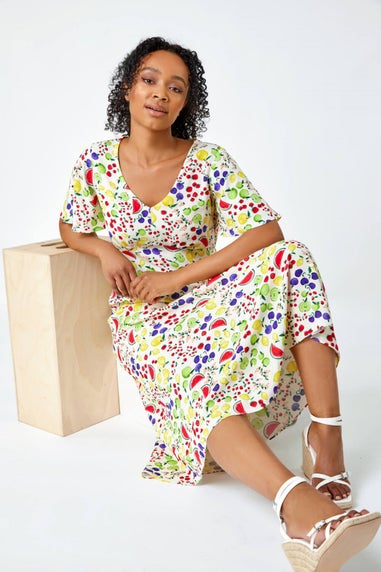 Roman Petite Ivory Petite Fruit Print Midi Tea Dress