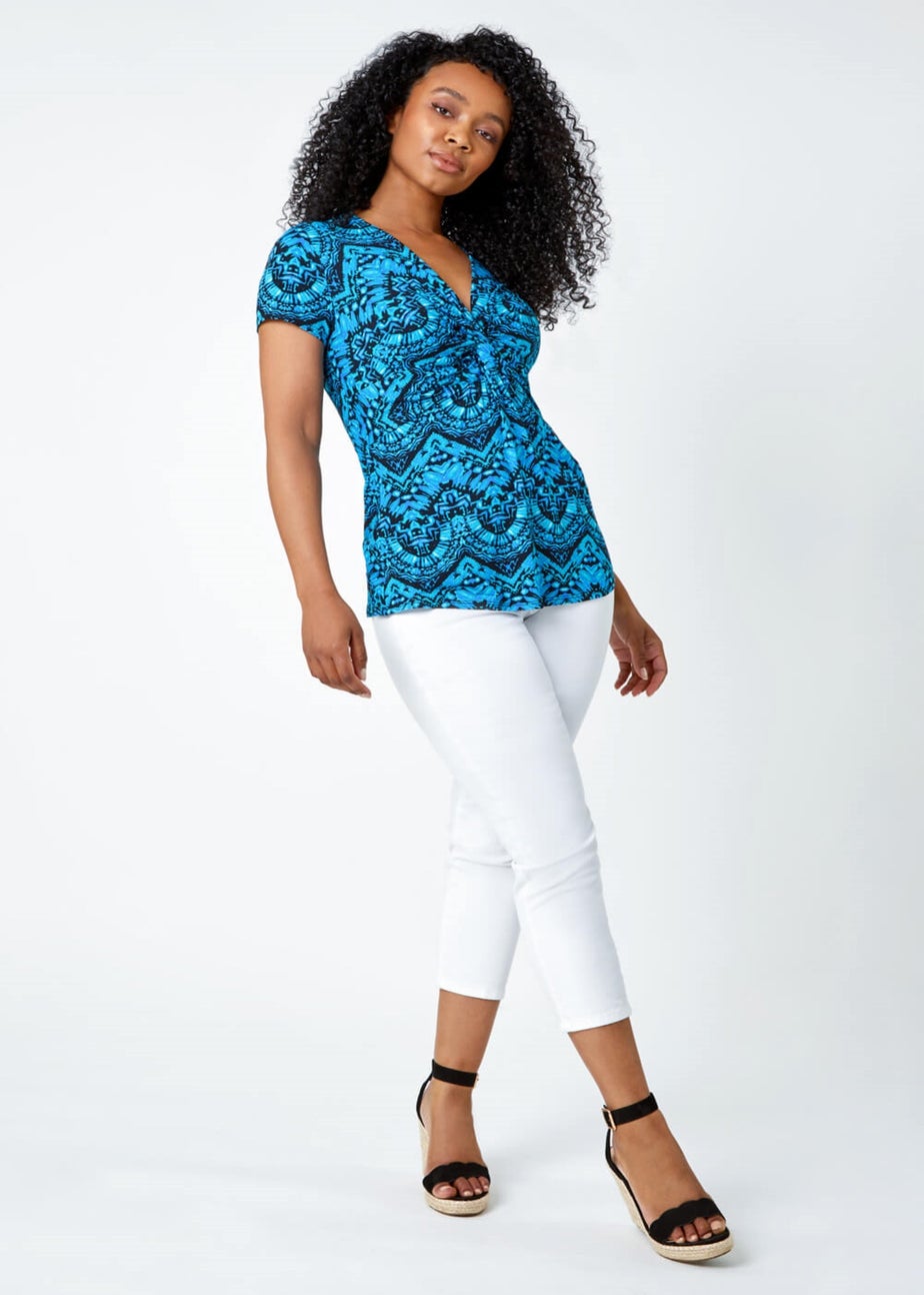 Roman Blue Petite Aztec Knot Detail V-Neck Stretch Top