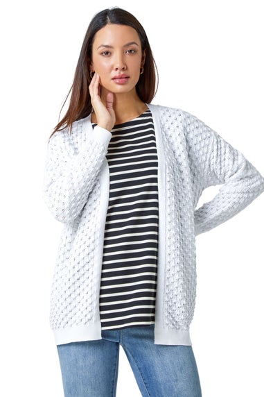Roman White Cotton Blend Waffle Knit Cardigan