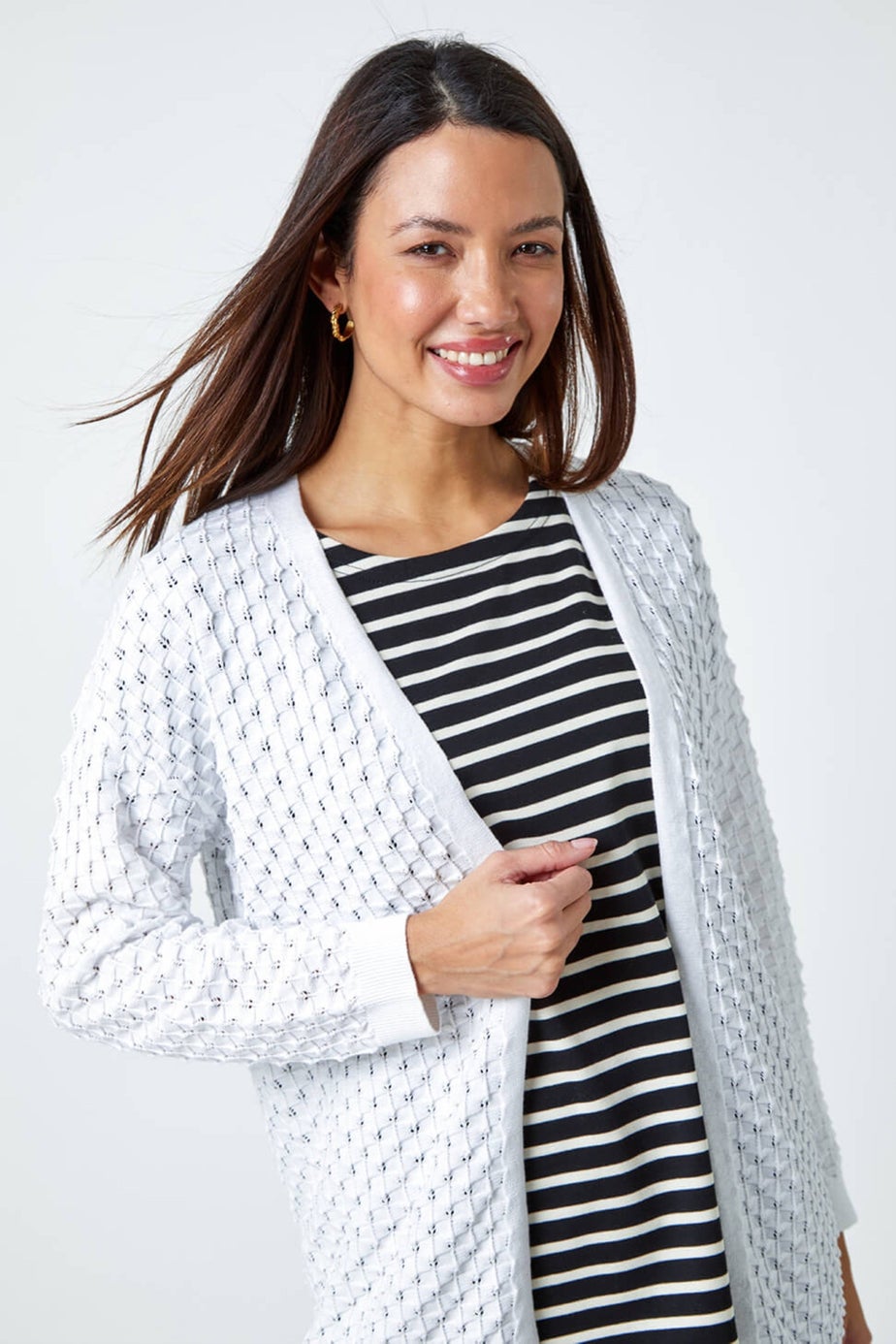 Roman White Cotton Blend Waffle Knit Cardigan