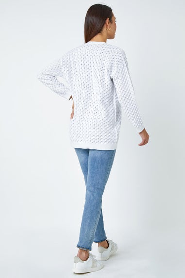 Roman White Cotton Blend Waffle Knit Cardigan