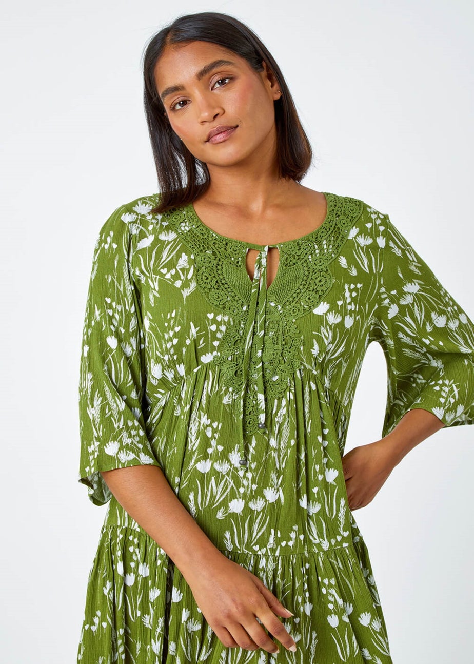 Roman Khaki  Floral Print Lace Detail Smock Dress