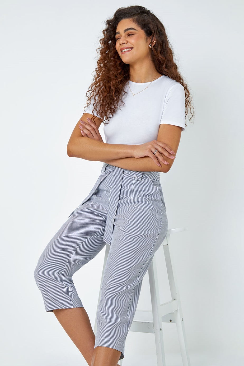 Roman Denim Stripe Elastic Tie Waist Cropped Trousers