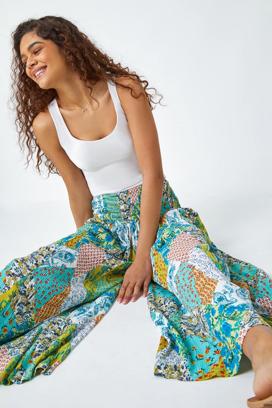 Roman Aqua Paisley Elastic Waist  Palazzo Trousers