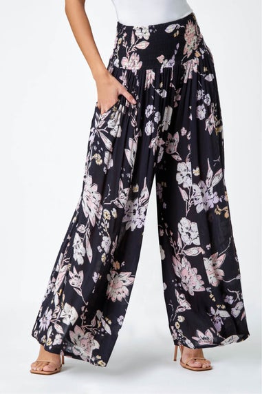 Roman Black Floral Elastic Waist Wide Leg Palazzo Trousers