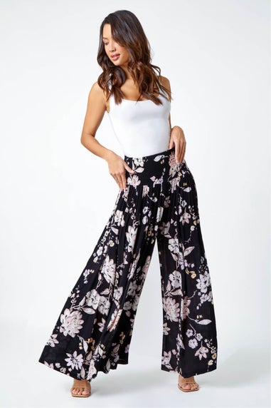 Roman Black Floral Elastic Waist Wide Leg Palazzo Trousers