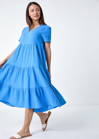 Roman Blue Cotton Textured Tiered Midi Dress