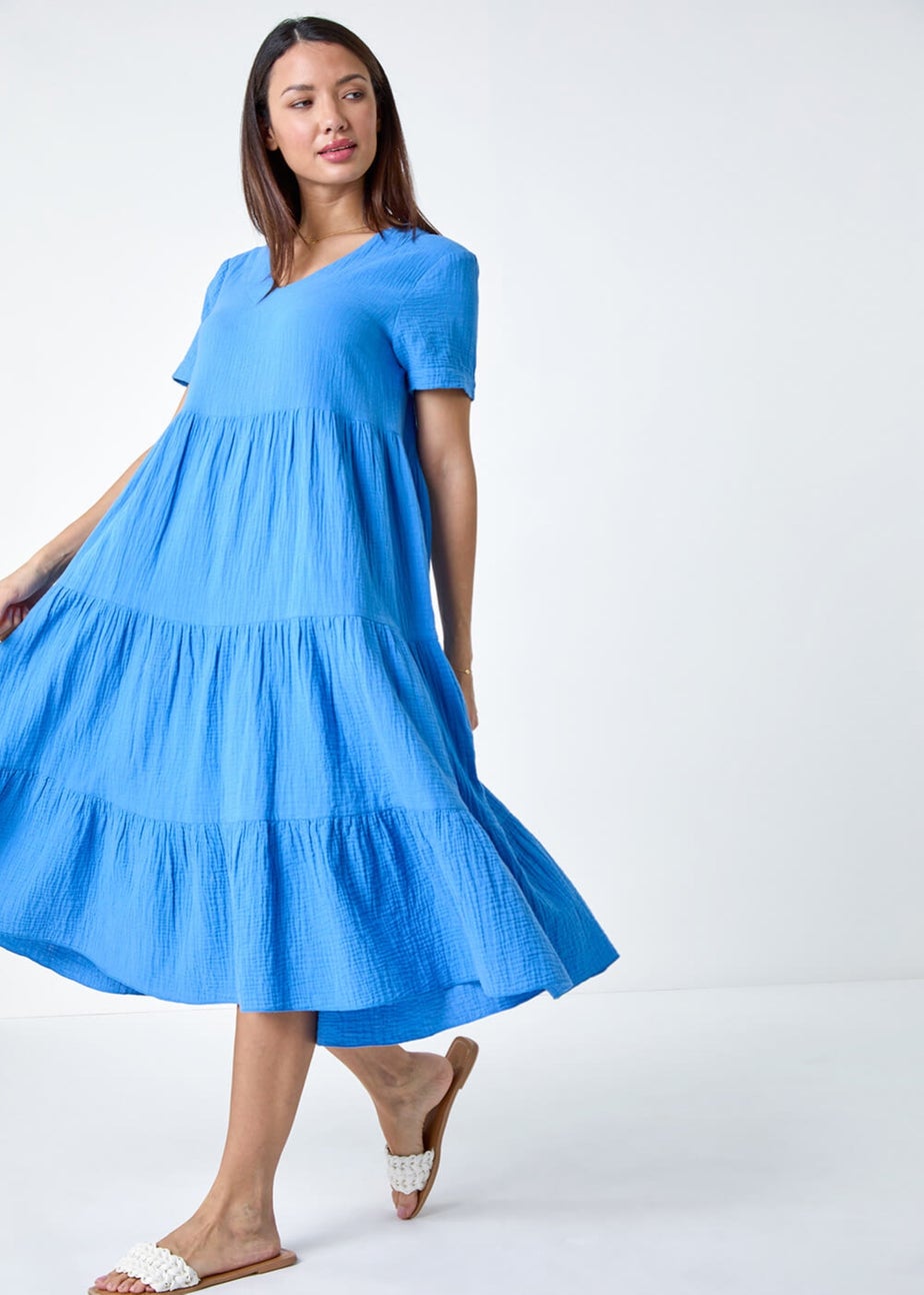 Roman Blue Cotton Textured Tiered Midi Dress