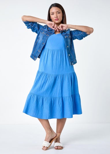 Roman Blue Cotton Textured Tiered Midi Dress